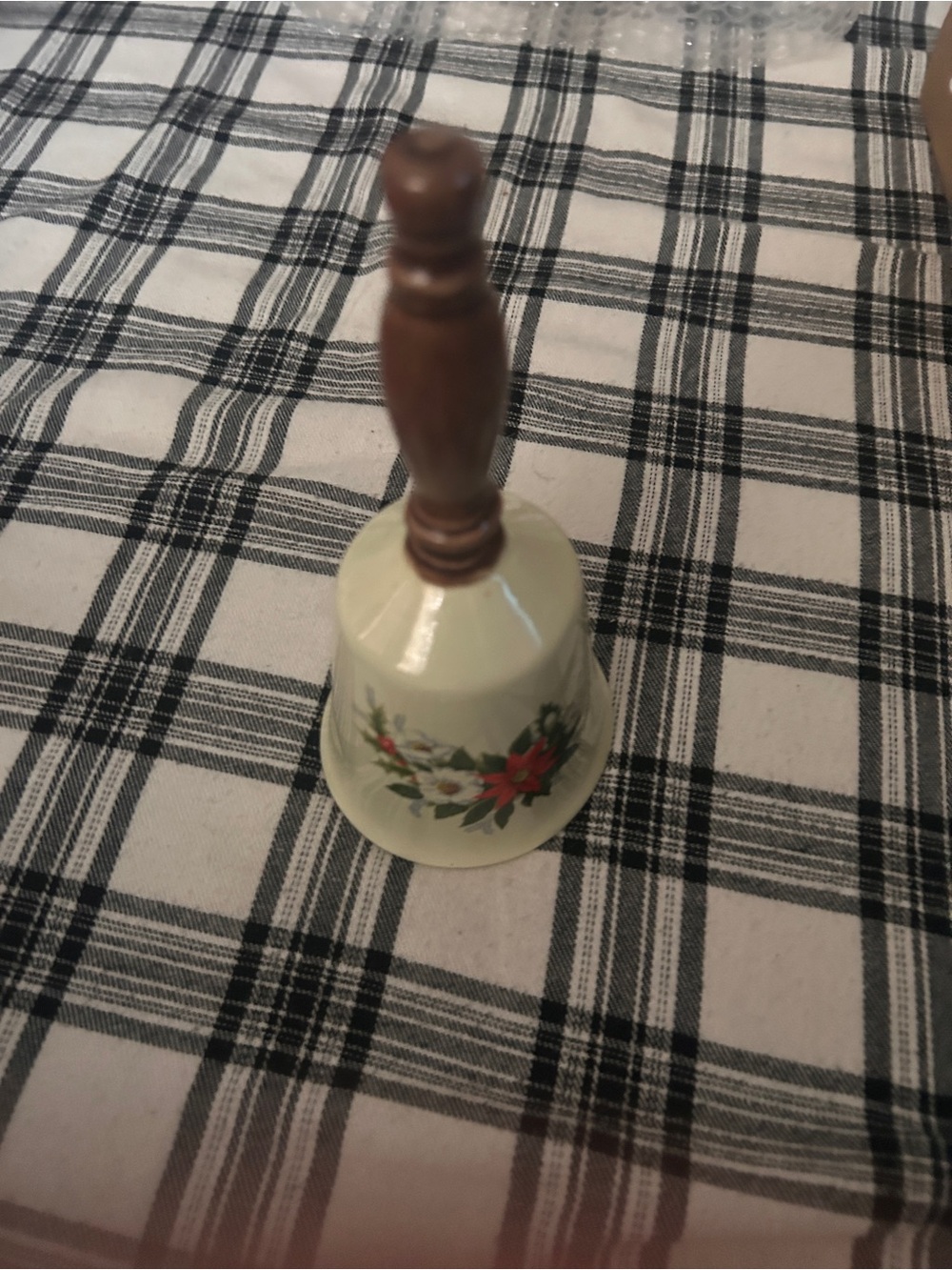 Wood-Handled Holiday Floral Bell - Cream and Brown vtg